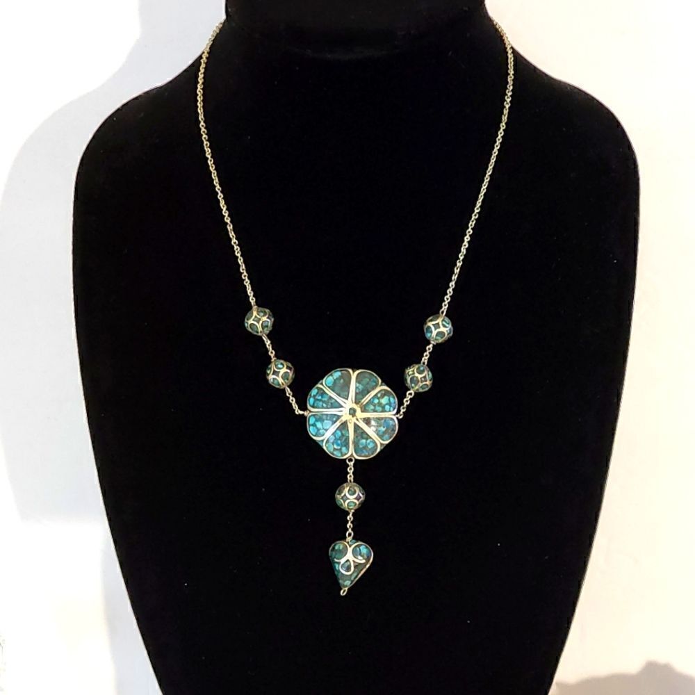 Antique Indian silver crushed turquoise mosaic drop necklace